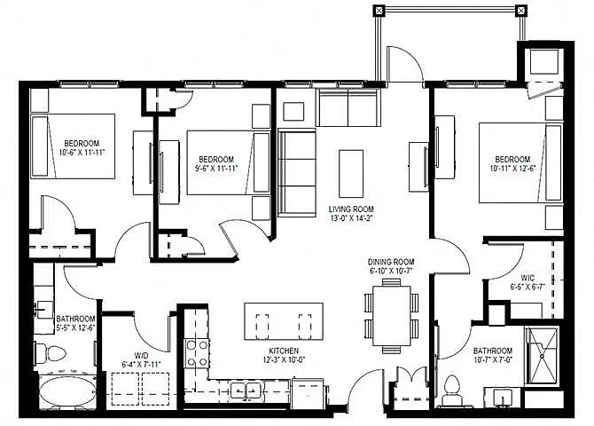 Floor plan Three Bedroom B (Wheelchair Accessible)