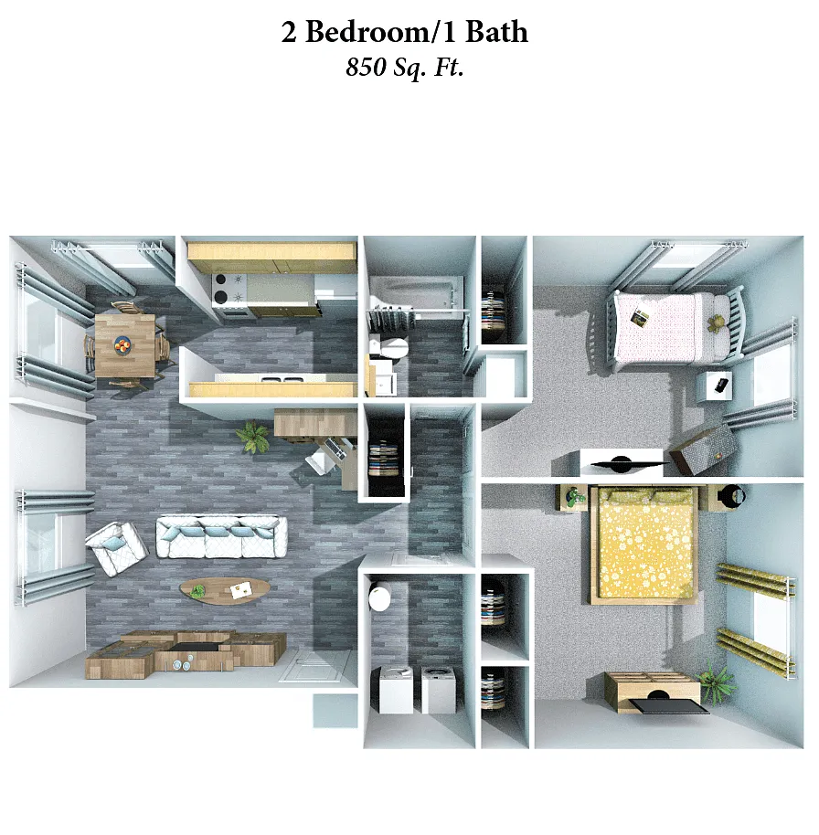 Floor plan 2 Bed, 1 Bath 850SqFt