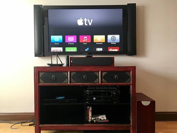 55  TV, media console, surround sound w/ sub