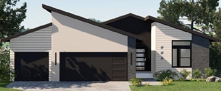 Modern architectural design with a dynamic roofline, multi-pane entry door, stone and horizontal siding accents, and a two-car garage