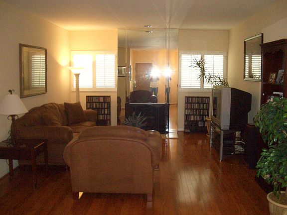 Spacious living room with fireplace.
