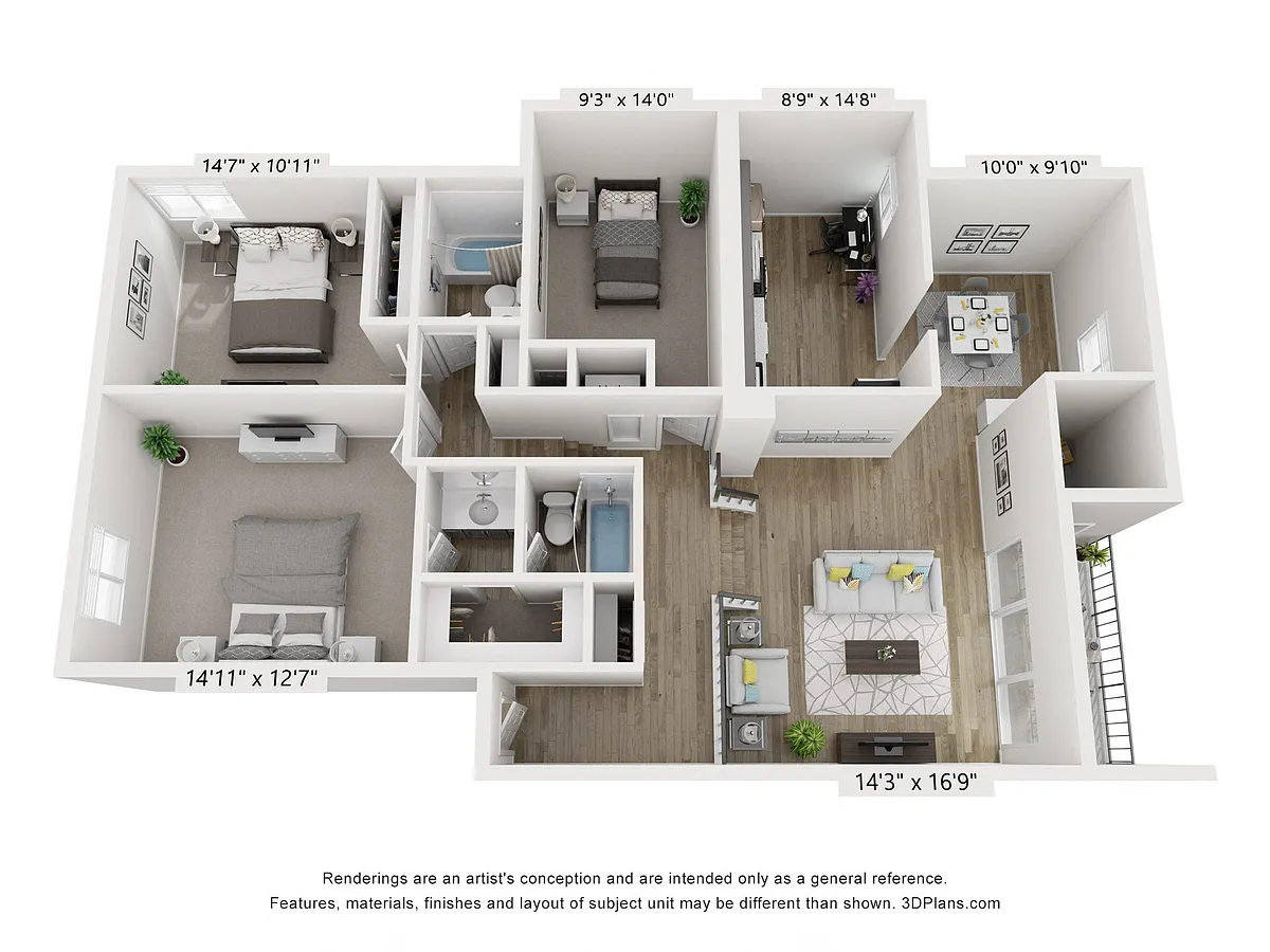 Floor plan C - 3BR 2BA (1300sf)