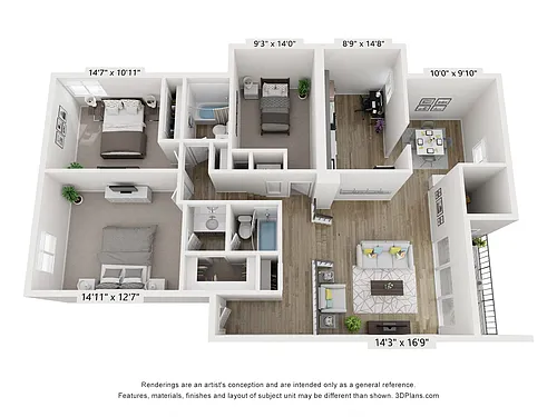 Floor plan C - 3BR 2BA (1300sf)
