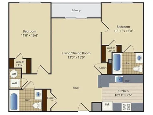 Floor plan Two Bedroom Two Bath (969 SF)