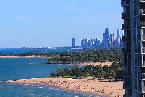 zoomed in photo of Downtown and Navy Pier taken from back patio