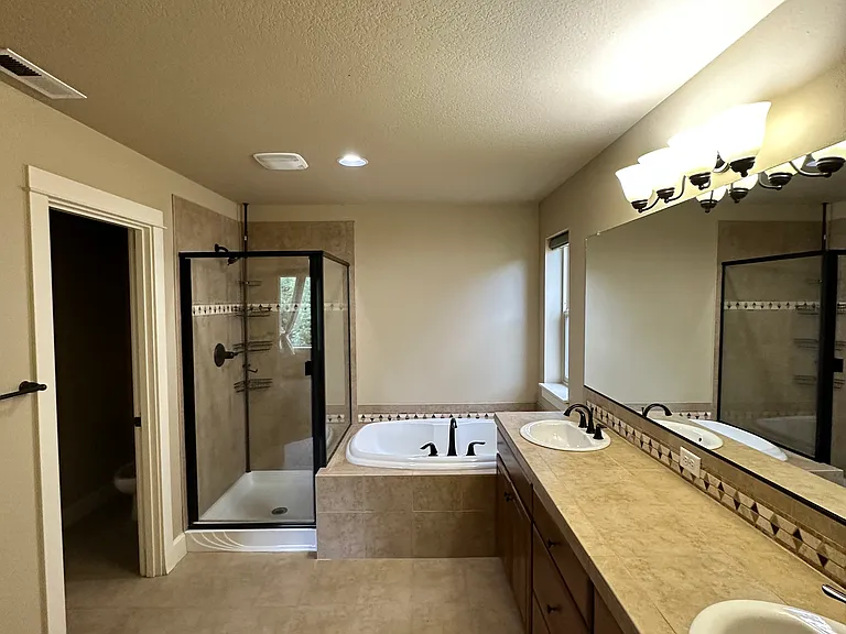 Master bath with walk in shower, his and her sink and bathtub