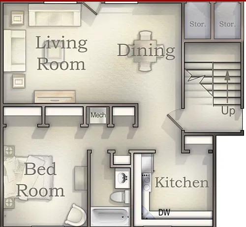 Floor plan 1 Bedroom Apt Upstairs