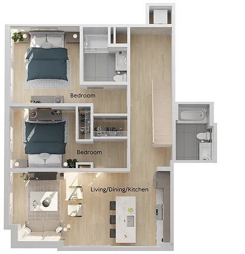 Floor plan Two Bedroom + Mezzanine + Balc