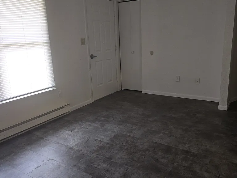 Living room view from kitchen showing entry door and coat closet