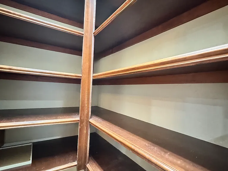 Walk-in pantry with custom large cabinet shelf space.