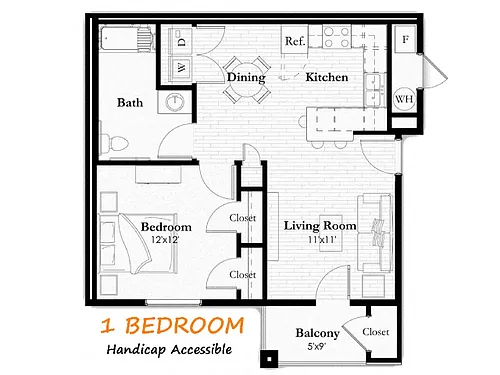 Floor plan 1 Bedroom, 1 Bath ADA