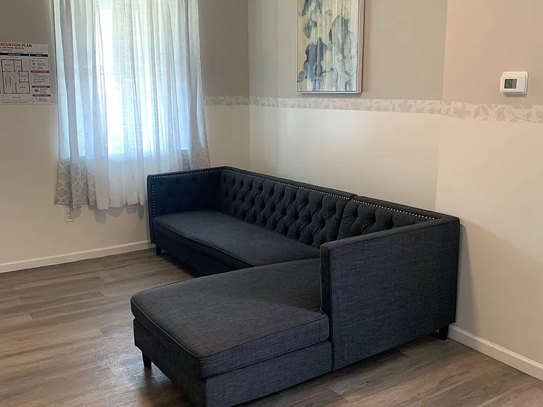Common lounge area with a sectional sofa, wood-look flooring, and a window with curtains for natural light.