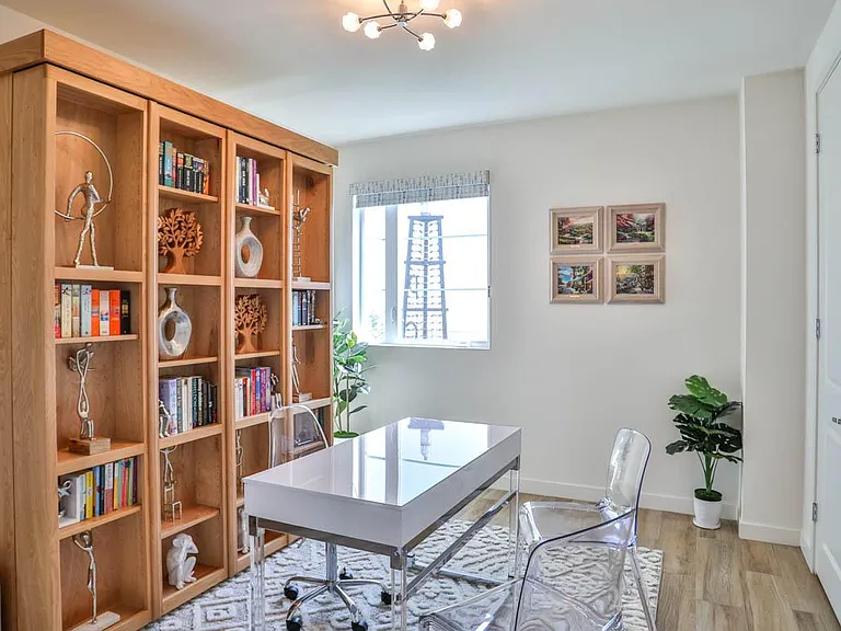Office space with hidden library murphy bed