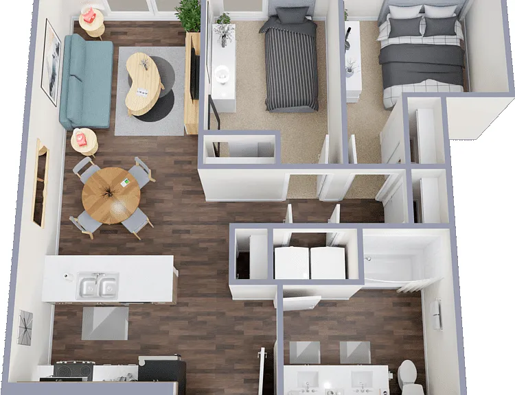 2 Bed 1 Bath Floorplan Diagram