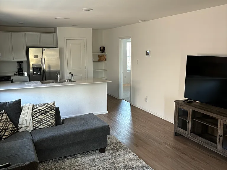 Living room into the kitchen and master bedroom (door on the right)