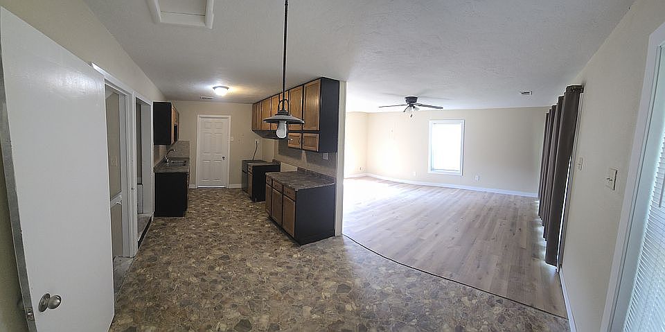 Kitchen, dining, living area