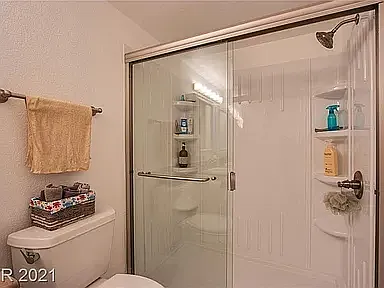 Master BR step in glass shower with sliding glass doors