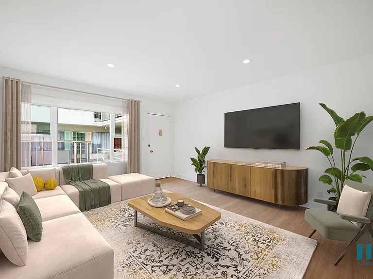 Spacious Living Room with Vinyl Flooring, Large Windows, and Recessed Lighting