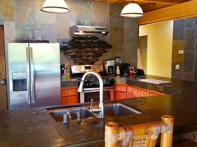 Kitchen pours into living and dining areas.