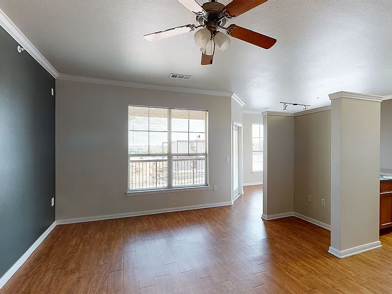 Apartment living room with wood-style flooring.