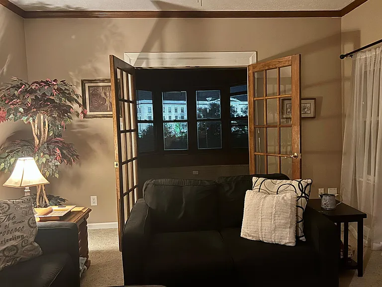 European-style view at night from living room and bay window