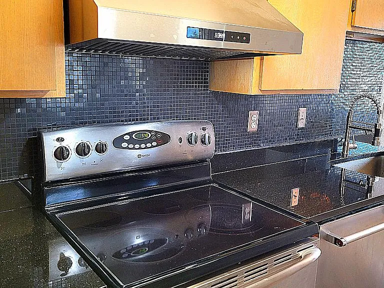Stainless Steel Appliances, Ventilation Hood, Granite Counters, and Granite Tiled Backsplash in Kitchen