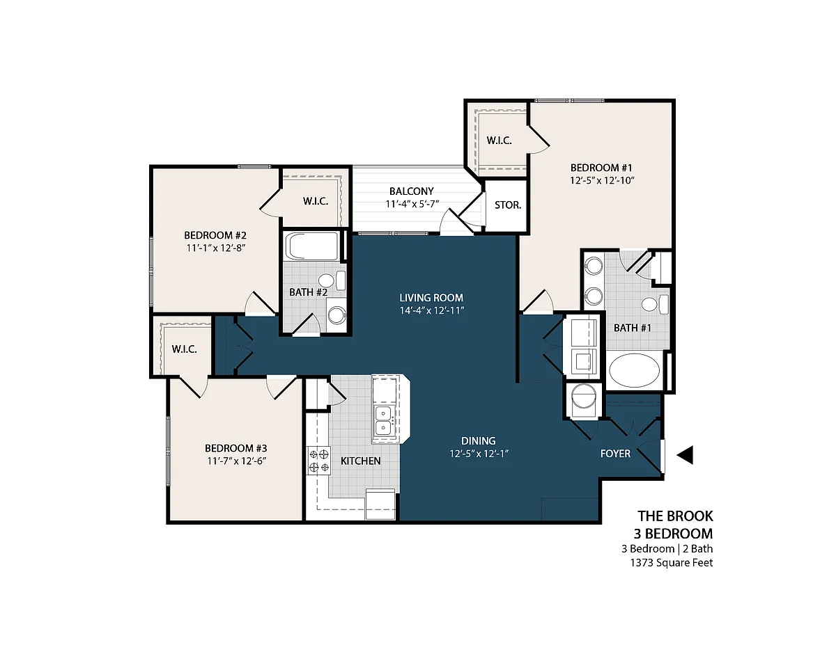 Floor plan 3 Bed 2 Bath - 1,373 Sq. Ft.