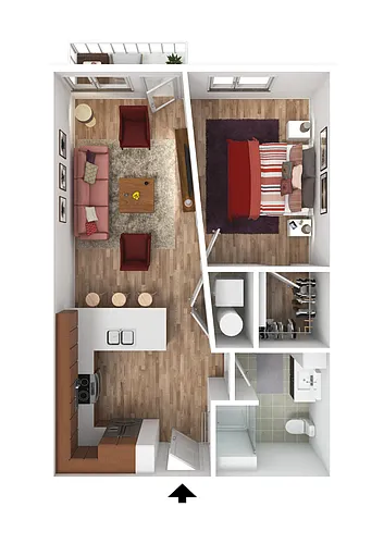Floor plan 1 Bed 1 Bath - 630 Sq Ft