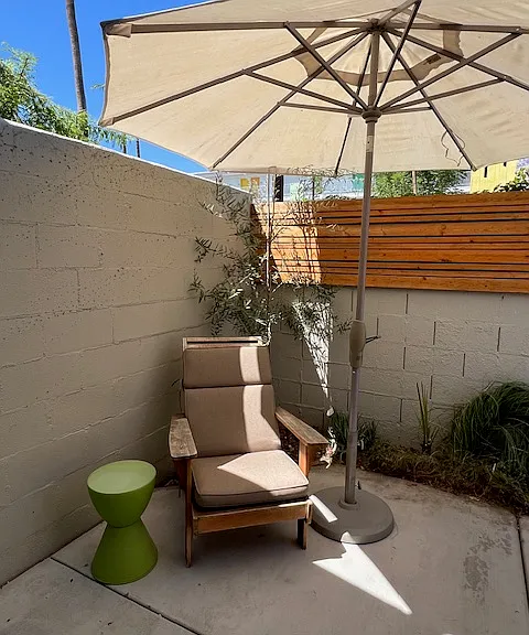 Private back patio. Not shown is exterior laundry and storage rooms.