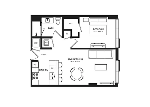 Floor plan 1 Bed/1 Bath-A1E