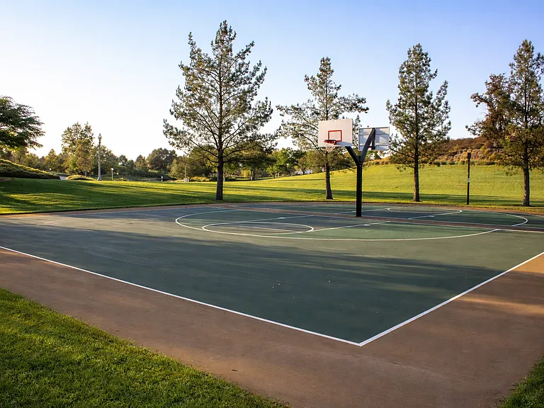 Gated community basketball court with open space and scenic surroundings