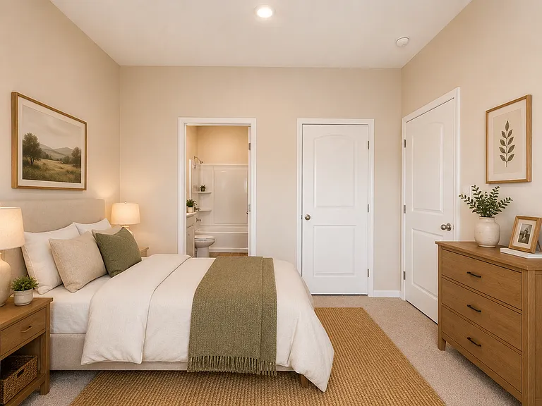 Virtual Staging. Front bedroom with ensuite bathroom.