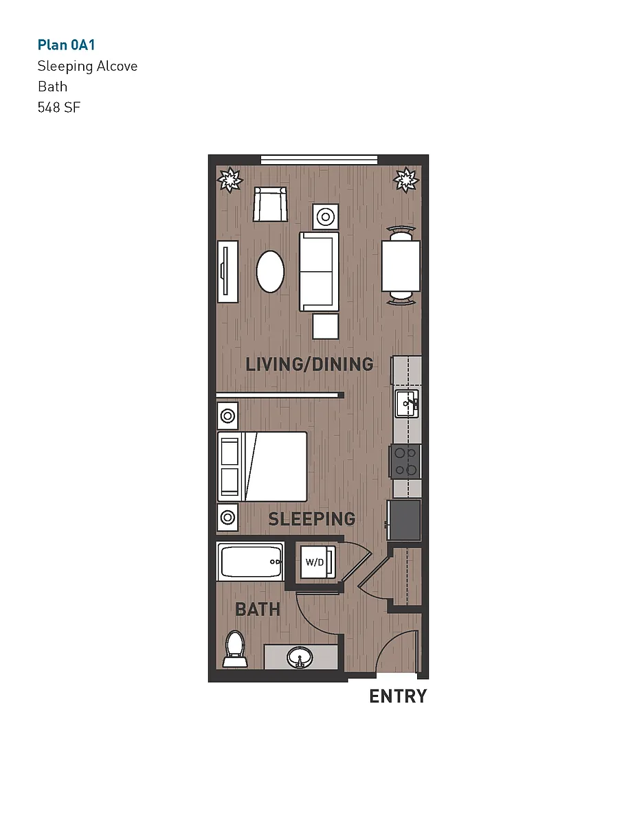 Floor plan Open One Bedroom 0A1