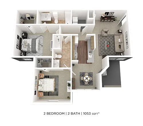 Floor plan Two Bedroom 2 Bath- 1053 sqft