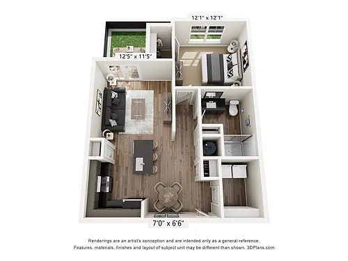 Floor plan One Bed, One Bath with Fenced Yard
