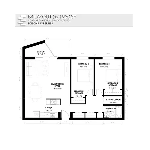 Floor plan 2 Bedroom 1 Bath Modern (2Bed1BathM-B4)
