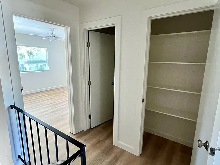 Upstairs Layout View: Front Bedroom, Bathroom, Large Storage Closet