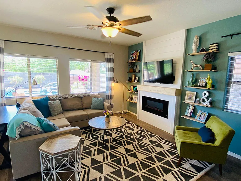 Open design family room right off kitchen.