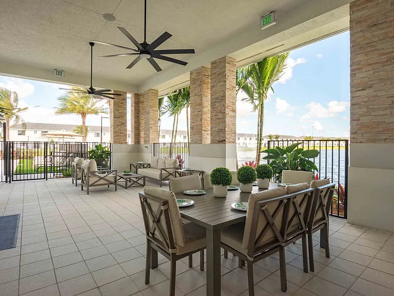 Outside dining area with a Lake View