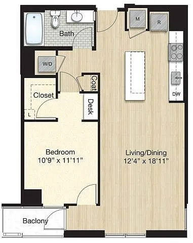 Floor plan T61.1 - Large 1 Bed/1 Bath w/ Balcony
