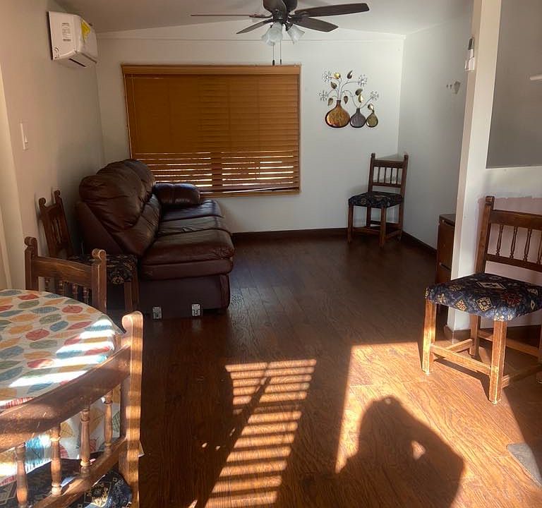When you enter the cabin, you are greeted by the fully equipped kitchen and living room.