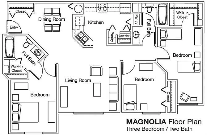Floor plan Three Bedroom Two Bathroom 60%