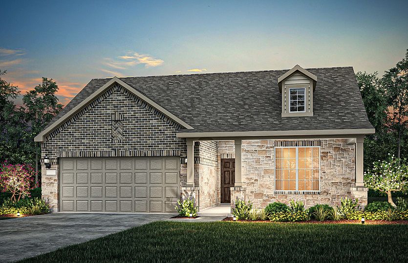 The Emory, a one-story home with 2-car garage, shown with Home Exterior 37 model representation