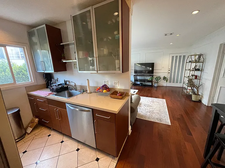 galley kitchen off living room