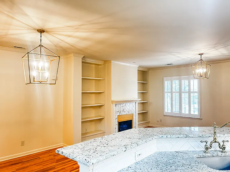 Built-in shelving and updated lighting.