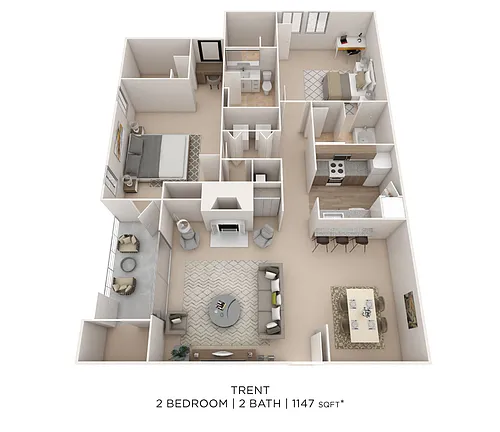 Floor plan Two Bedroom 2 Bath - 1,147 sqft