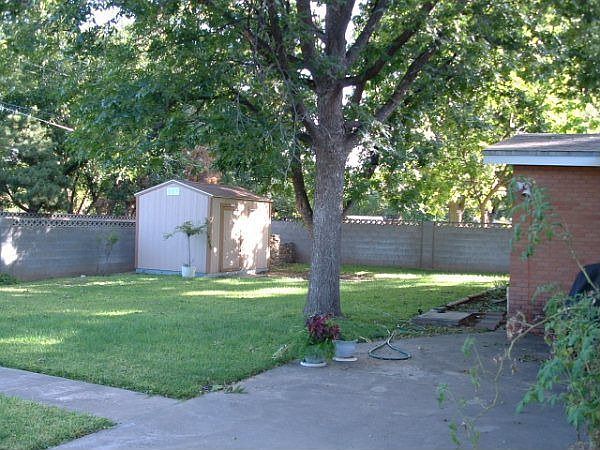 Nice storage shed stands in one corner of the large backyard.