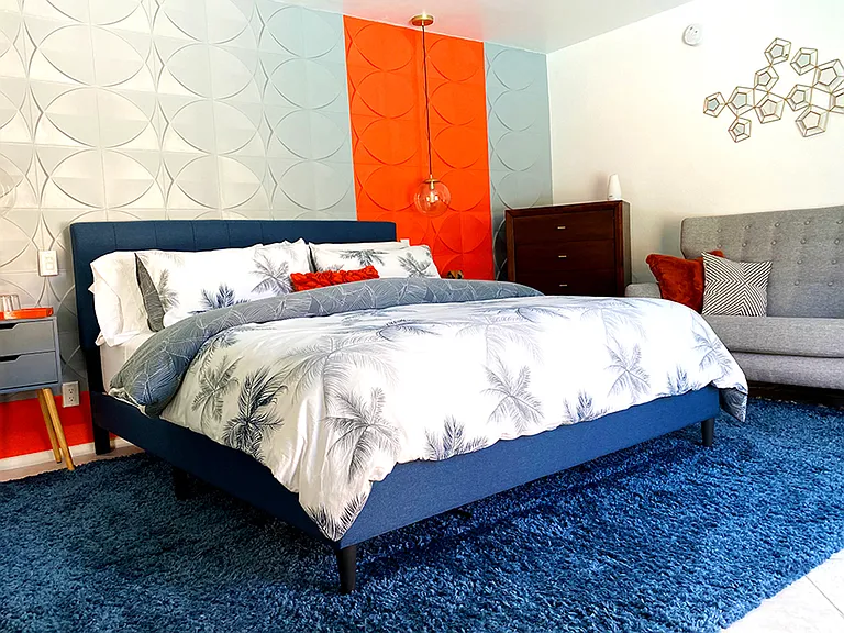Orange Bedroom: California King size bed, ensuite bathroom, pool view and access