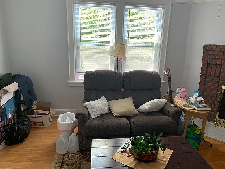 Living room with 2 large windows and fireplace on the left