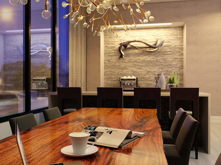 Fully equipped business center with conference room and complimentary coffee bar